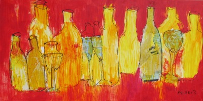 Küchenbild mit Flaschen, Gläsern und Grappa, Materialcollage, Unikat Sonja Zeltner-Müller