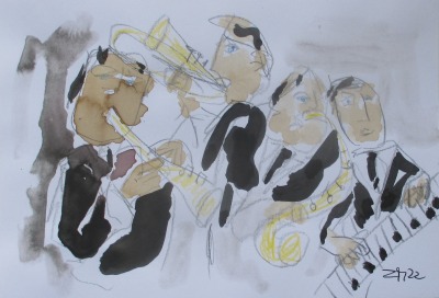 Jazzband Musik Original Zeichnungen mit Kaffee - Schwarz-weiss Unikat Tusche Zeichnungen