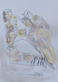 Jazzband Cello Musik Original Zeichnungen mit Kaffee - Schwarz-weiss Unikat Tusche Zeichnungen