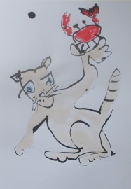 Krebs Sternzeichen für Katzenfreunde Zeichnung- Original Astrologie rot Tusche Gouache Tier