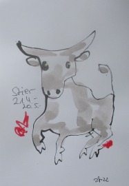 Stier - Taurus - Sternzeichen - Zeichnung- Original Astrologie rot Tusche Gouache Tier Aquarell