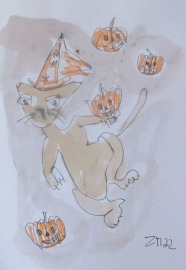 Halloween Cats Katze mit Kürbissen Original Zeichnungen Kaffee Unikat Tusche Zeichnungen
