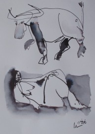 Akt mit Stier in Original-Zeichnung 30x21 cm auf Papier Acryltusche