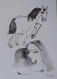 Akt mit Pferd in Original-Zeichnung 30x21 cm auf Papier Acryltusche