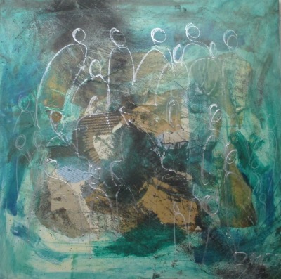 abstrakte Menschen in smaragd 90x90 cm Ölmalerei Collage expressive Malerei