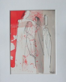 Frauen mit rot Original Zeichnung auf Künstlerpapier 24x18 cm in PP mit Bambusfeder - farbige Tusch