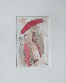 Paar unter Schirm mit rot Original Zeichnung auf Künstlerpapier 30x24 cm in PP mit Bambusfeder -