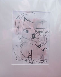 Katze mit rosa Original Zeichnung in Passepartout 24x30 cm