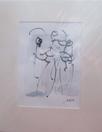 Frauen mit hellblau Original Zeichnung in Passepartout 24x30 cm