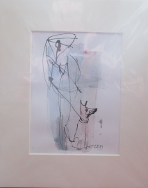 Frau mit Hund Original Zeichnung in Passepartout 24x30 cm
