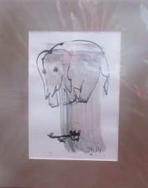 Elefant mit Maus Original Zeichnung in Passepartout 24x30 cm