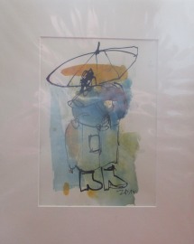 im Regen Frau mit Schirm Original Zeichnung in Passepartout 24x30 cm