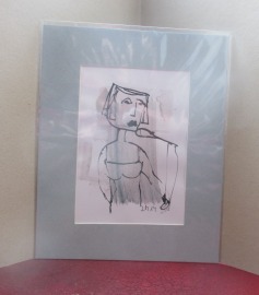 Sängerin mit blau Original Zeichnung in Passepartout 24x30 cm