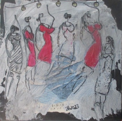 Tanzende Frauen in pink 2 Collage und Zeichnung von Sonja Zeltner-Müller Original 40x40cm magenta