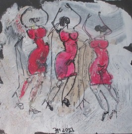 Tanzende Frauen in pink 3 Collage und Zeichnung von Sonja Zeltner-Müller Original 40x40cm magenta