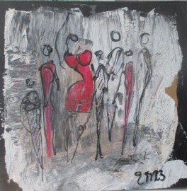 Tanzende Frauen in grau Collage und Zeichnung von Sonja Zeltner-Müller Original 40x40cm magenta