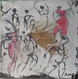 Tanzende Frauen in grau 2 Collage und Zeichnung von Sonja Zeltner-Müller Original 40x40cm magenta