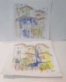 2 kleine Städte Italien Original Zeichnung auf Künstlerpapier 2 x20x20 Acryl farbige Tuschen-