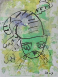 grüne Katze in Original-Malerei auf 30x40 cm Leinwand, Öl und Acryl