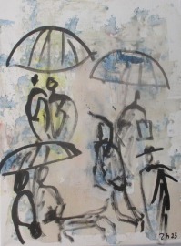 Leute im Regen expressive Leinwand / Zeichnung 40x30 cm auf Leinwand original