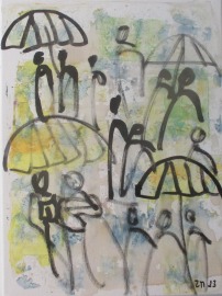 Schirme im Regen expressive Leinwand / Zeichnung 40x30 cm auf Leinwand original