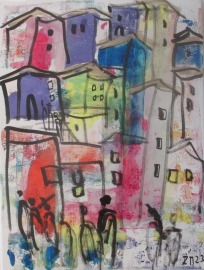 die Farben Italiens, cinqueterre expressive Häuser mit Menschen, expressive Malerei 40x30 cm mit pi