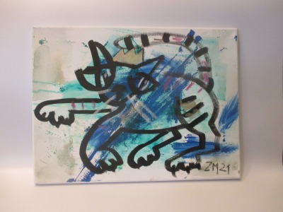 blaue Katzen in Original-Malerei auf 30x40 cm Leinwand, Öl und Acryl