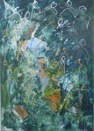 abstrakte Menschen in grün-blau 100x70 cm Ölmalerei Collage expressive Malerei