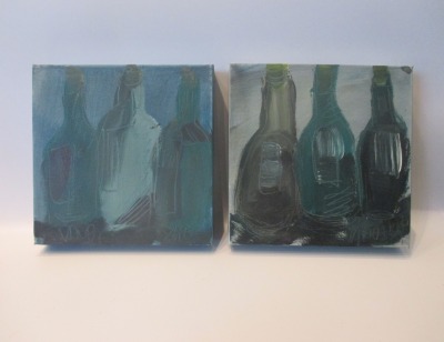 2 Küchenbilder Flaschen Original Malerei Leinwand 20x20x4cm