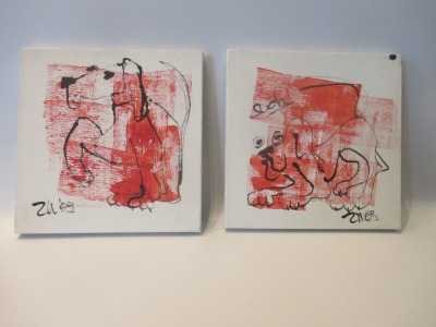 2 x rote Hunde in Acryl auf Leinwand Hundezeichnungen