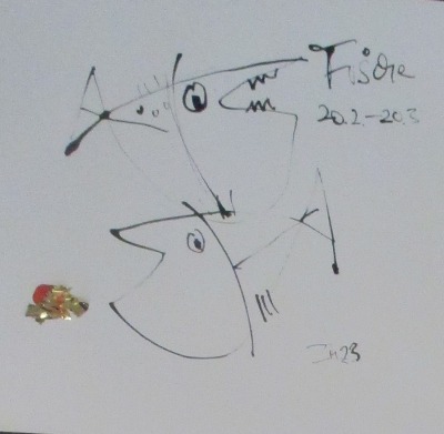 Fische Sternzeichen individualisierbar expressive Zeichnung Unikat 30x30 Feder-Zeichnung Aquarell Tu