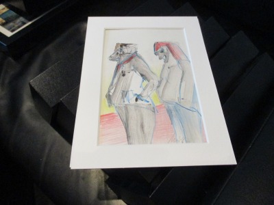 2 Figuren in Passepartout gerahmt Original-Zeichnung 24x20cm auf Papier Acryltusche