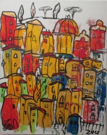 Italien Dorfszene Acrylbild gelb-rot mediterrane Landschaft xl Kunstmuellerei