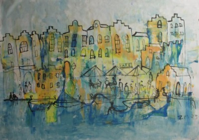 blue city Painting, 105x155 cm Art, abstract Canvas, Original by Sonja Zeltner-Müller