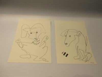 Hunde - 2 Zeichnungen - Tusche Gouache Aquarell 21x15 schwarz weiss