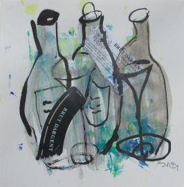 Flaschen Stilleben Küchenbild Original Zeichnung auf Künstlerpapier 20x20cm expressiv - mit Acryl