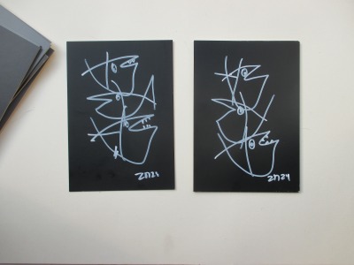 zwei Fische- Original Zeichnung auf dickem Karton black/White Acryl 21x15 cm