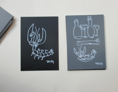 zwei Original Zeichnungen Hummer und Küche auf dickem Karton black/White Acryl 21x15 cm
