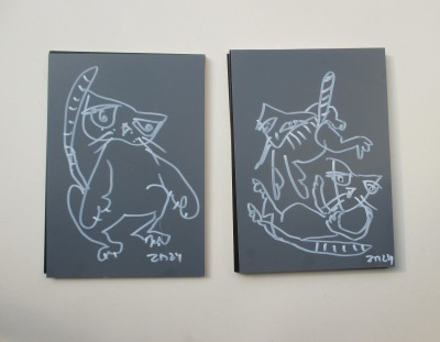 2 Katzen zwei Original Zeichnungen auf dickem Karton black/White Acryl 21x15 cm