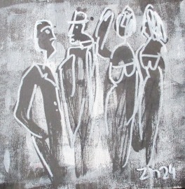 Leute in schwarz-weiss Original-Zeichnungen auf Leinwand Acrylmalerei 20x20cm