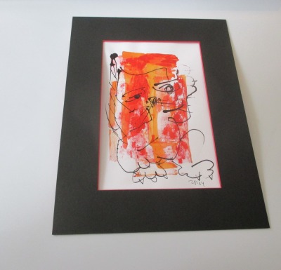 wilde rote Katze expressive Original Zeichnung auf Papier Tusche in Passepartout 40x30