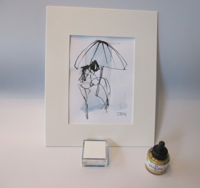 im Regen Paar mit Schirm Original Zeichnung in Passepartout 24x30 cm