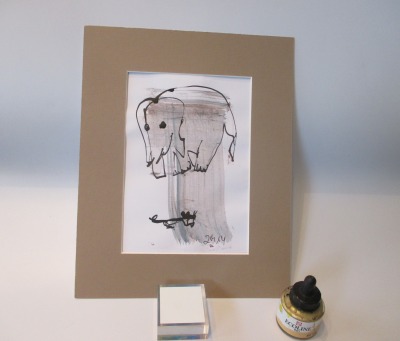 Elefant mit Maus Original Zeichnung in Passepartout 24x30 cm