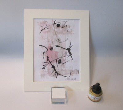 Fische mit rosa Original Zeichnung in Passepartout 24x30 cm