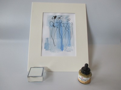 Frauen mit blau Original Zeichnung in Passepartout 24x30 cm