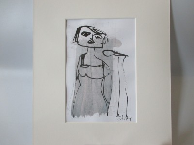 Sängerin mit grau Original Zeichnung in Passepartout 24x30 cm