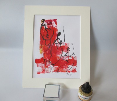 Frauen mit rot Original Zeichnung in Passepartout 24x30 cm