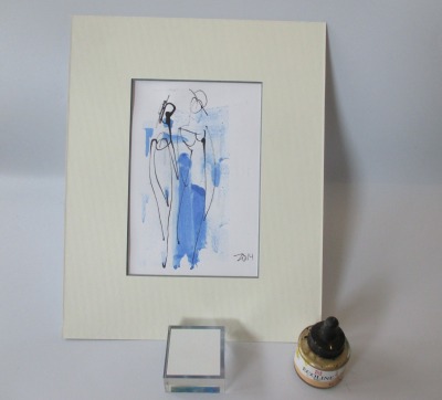 Paar mit blau Original Zeichnung in Passepartout 24x30 cm