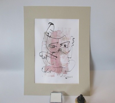 wilde Katze expressive Original Zeichnung auf Papier Tusche in Passepartout 40x30