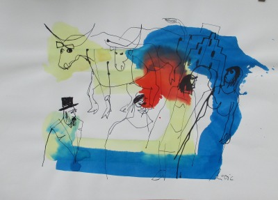 Stiere Original-Zeichnung auf 50x70 cm auf Künstlerpapier Acryltusche